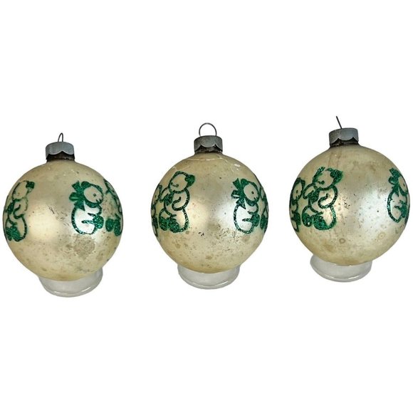 3 Vintage Shiny Brite Christmas Ornaments Teddy Bear Stencil Glitter Green White - Picture 9 of 12